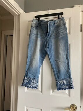 Chicos Light Wash Cropped Jeans with Embroidered Fringe Hem